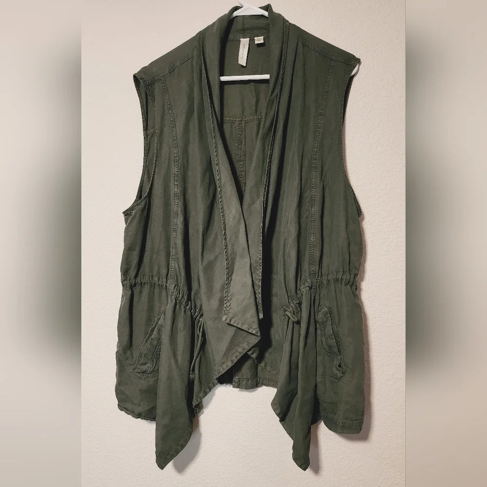 Tacera Cargo Vest Open Front Tunic Army Hunter Green Draw Strings Sz 3X
